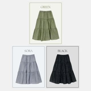 Luonti Elastic Check Tiered Flare Midi Skirt