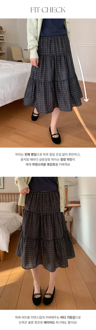 Luonti Elastic Check Tiered Flare Midi Skirt