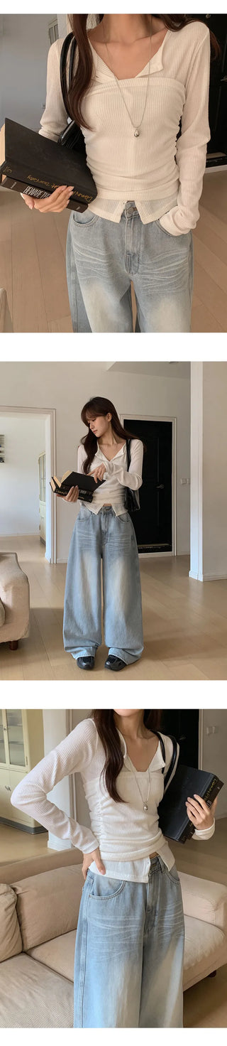 Lesah Ribbed Shirred Top Knit Cardigan Set