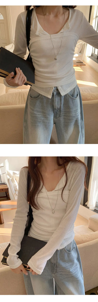 Lesah Ribbed Shirred Top Knit Cardigan Set