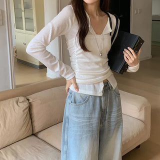 Lesah Ribbed Shirred Top Knit Cardigan Set