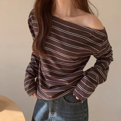 Toenti One Shoulder Striped Long Sleeve T Shirt