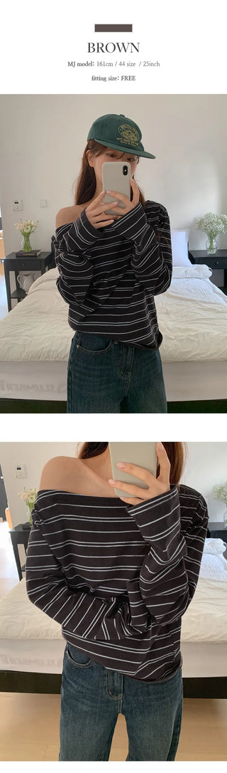 Toenti One Shoulder Striped Long Sleeve T Shirt