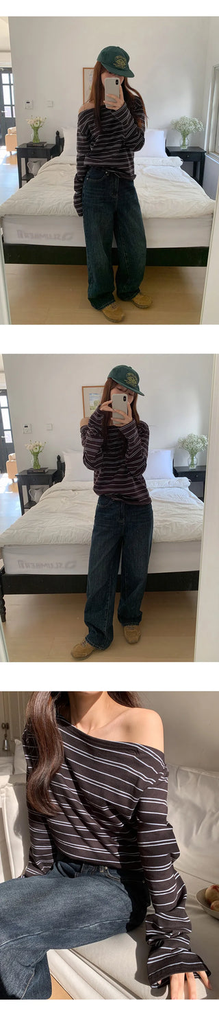 Toenti One Shoulder Striped Long Sleeve T Shirt