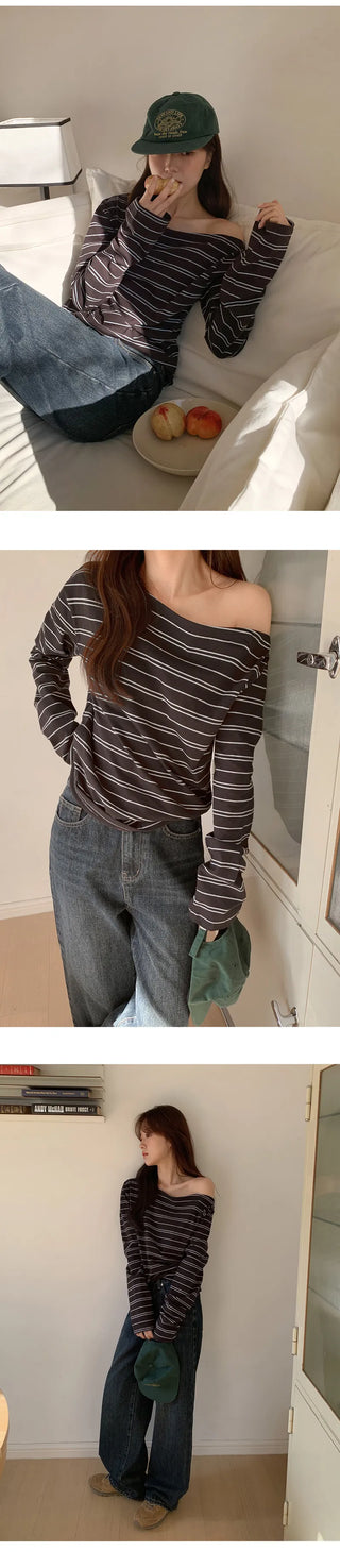 Toenti One Shoulder Striped Long Sleeve T Shirt
