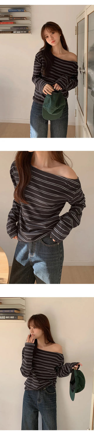 Toenti One Shoulder Striped Long Sleeve T Shirt