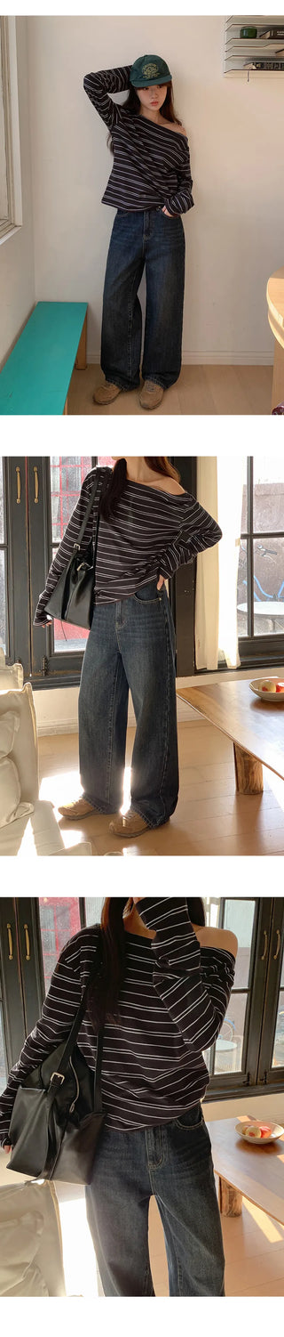 Toenti One Shoulder Striped Long Sleeve T Shirt
