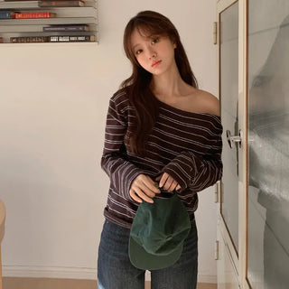 Toenti One Shoulder Striped Long Sleeve T Shirt
