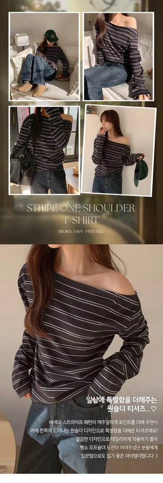 Toenti One Shoulder Striped Long Sleeve T Shirt