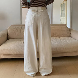 Mustin Herringbone Back Buckle Wide Cotton Pants