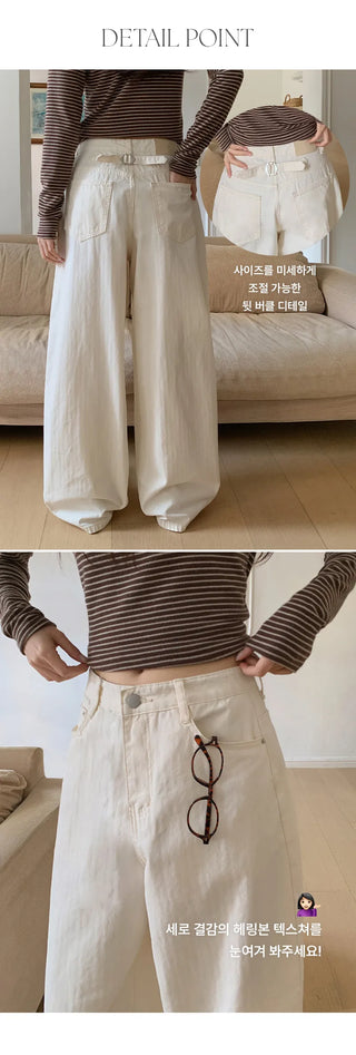 Mustin Herringbone Back Buckle Wide Cotton Pants
