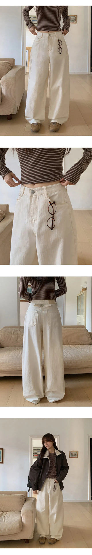 Mustin Herringbone Back Buckle Wide Cotton Pants