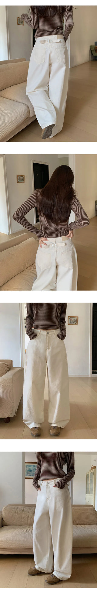 Mustin Herringbone Back Buckle Wide Cotton Pants