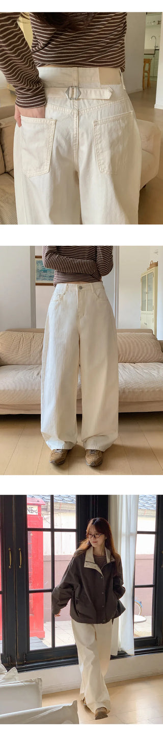 Mustin Herringbone Back Buckle Wide Cotton Pants