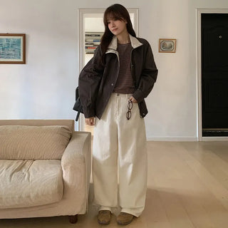 Mustin Herringbone Back Buckle Wide Cotton Pants