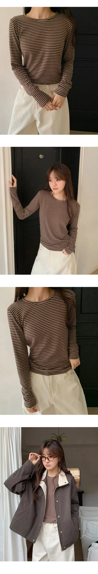Pegron Striped Round Long Sleeve T shirt