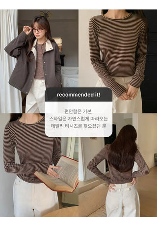 Pegron Striped Round Long Sleeve T shirt