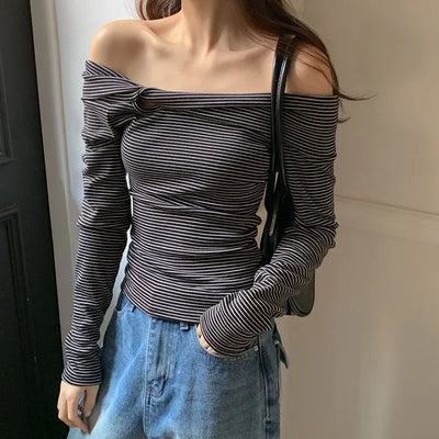 Blizz Striped Twist Off Shoulder T Shirt
