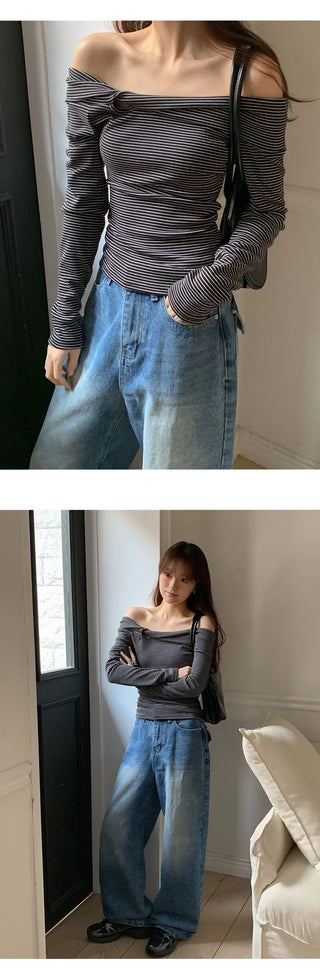 Blizz Striped Twist Off Shoulder T Shirt