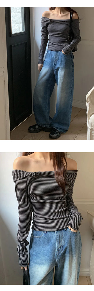 Blizz Striped Twist Off Shoulder T Shirt