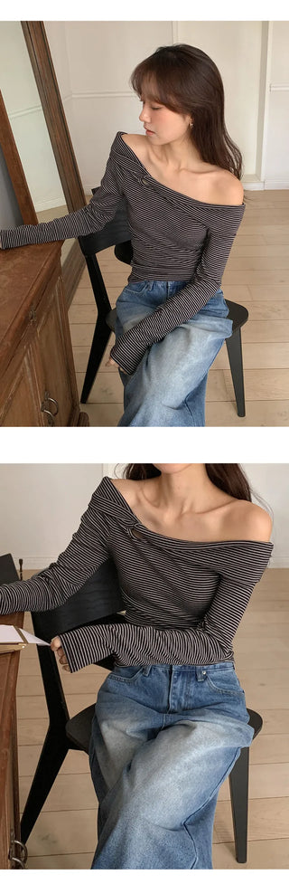 Blizz Striped Twist Off Shoulder T Shirt
