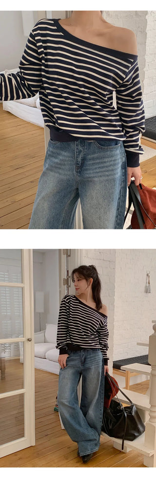 Cheroa Striped One Shoulder Sweatshirt