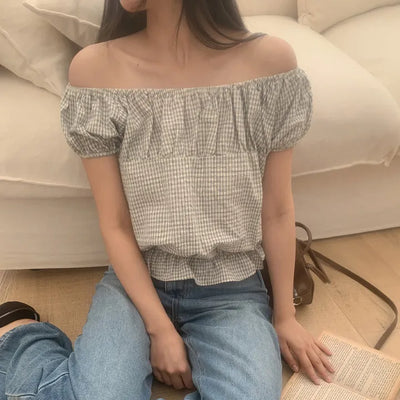 Sophien Check Frill Banding Puff Off Shoulder Blouse