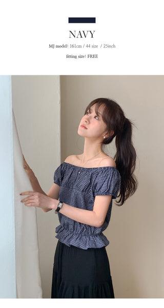 Sophien Check Frill Banding Puff Off Shoulder Blouse