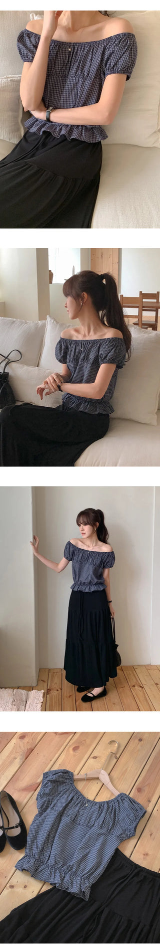 Sophien Check Frill Banding Puff Off Shoulder Blouse