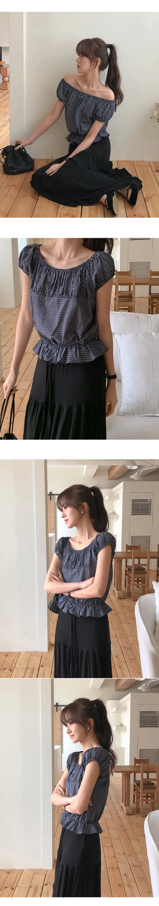 Sophien Check Frill Banding Puff Off Shoulder Blouse