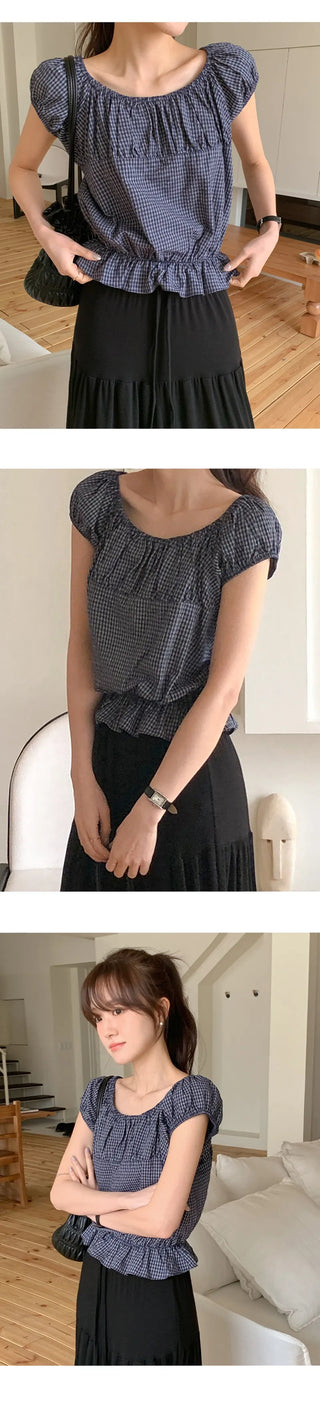 Sophien Check Frill Banding Puff Off Shoulder Blouse