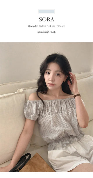 Sophien Check Frill Banding Puff Off Shoulder Blouse