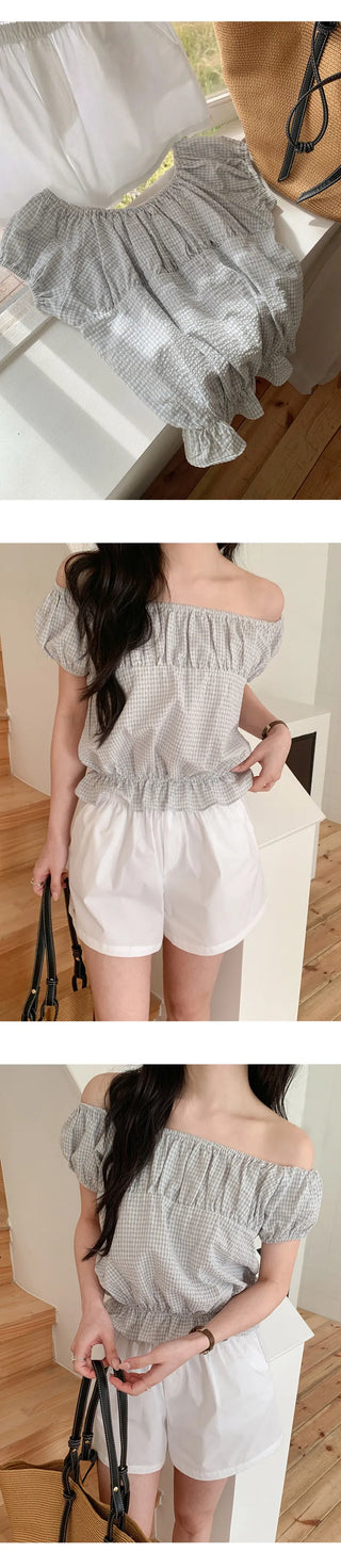 Sophien Check Frill Banding Puff Off Shoulder Blouse
