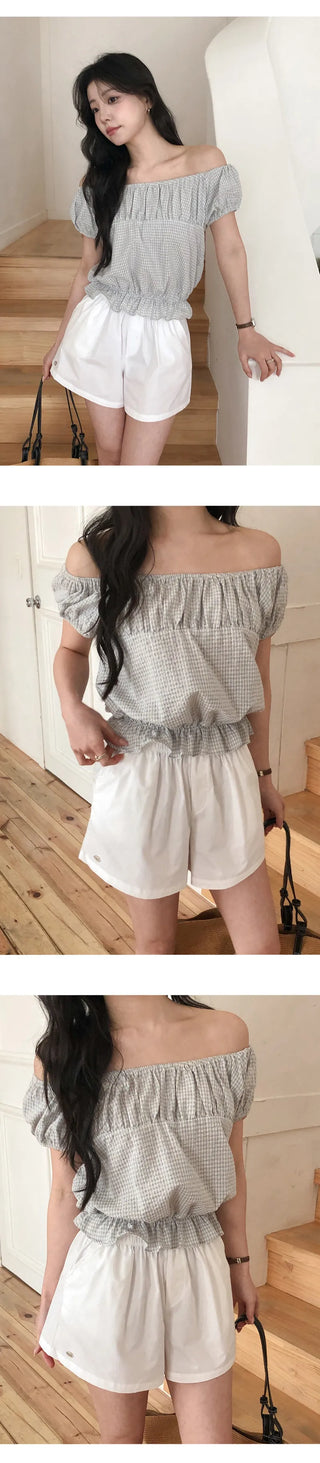 Sophien Check Frill Banding Puff Off Shoulder Blouse