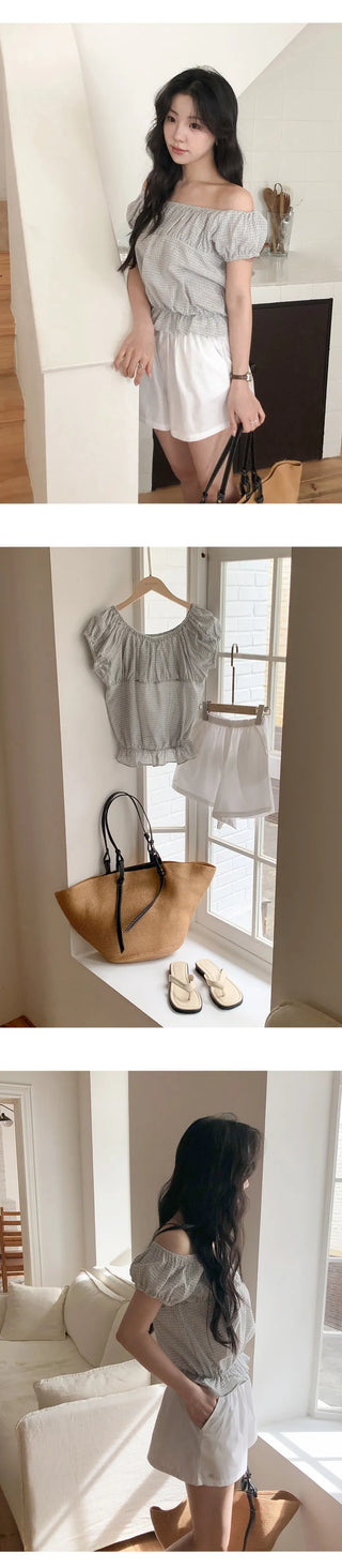 Sophien Check Frill Banding Puff Off Shoulder Blouse