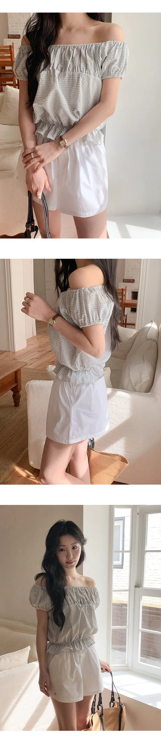 Sophien Check Frill Banding Puff Off Shoulder Blouse