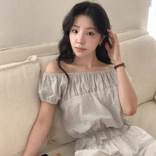 Sophien Check Frill Banding Puff Off Shoulder Blouse
