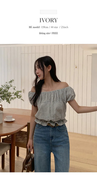 Sophien Check Frill Banding Puff Off Shoulder Blouse
