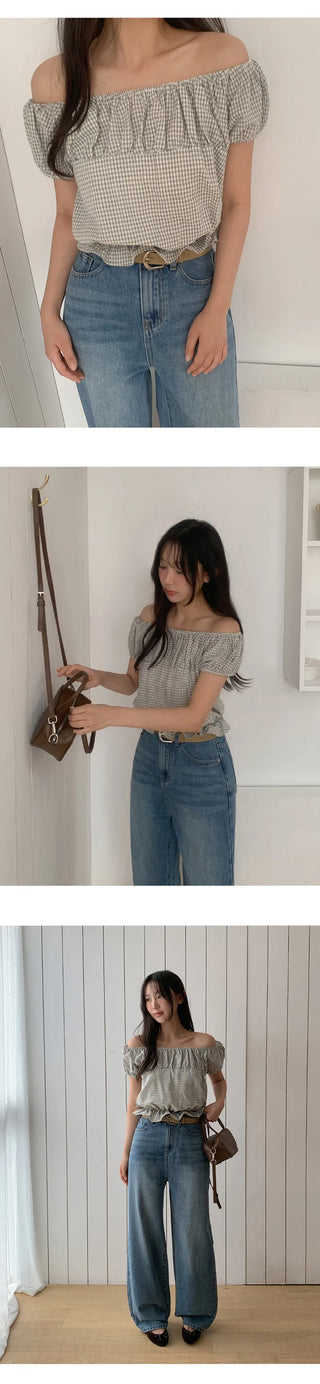 Sophien Check Frill Banding Puff Off Shoulder Blouse