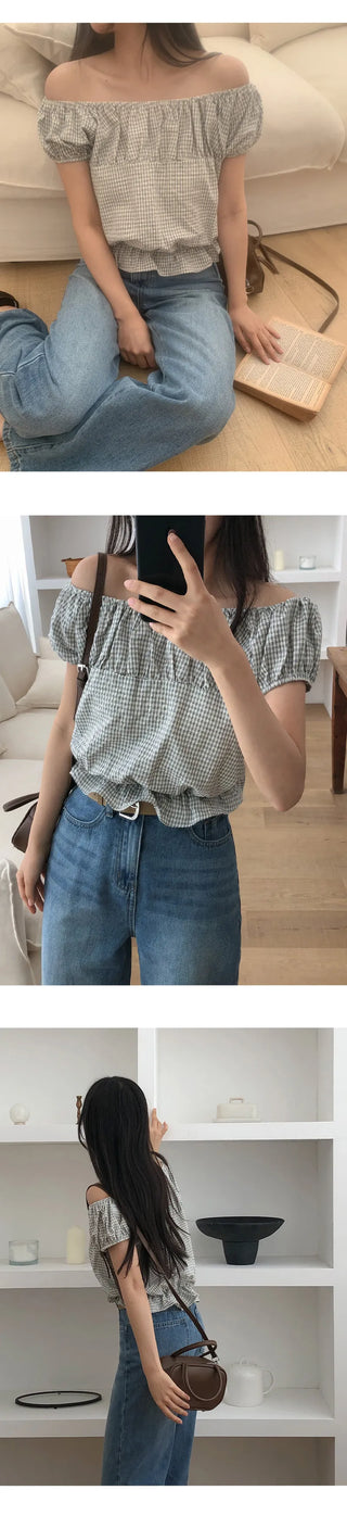 Sophien Check Frill Banding Puff Off Shoulder Blouse