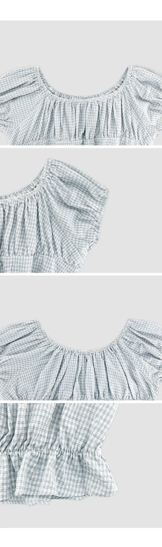Sophien Check Frill Banding Puff Off Shoulder Blouse