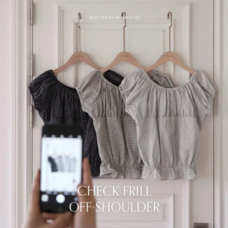 Sophien Check Frill Banding Puff Off Shoulder Blouse