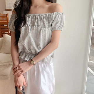 Sophien Check Frill Banding Puff Off Shoulder Blouse