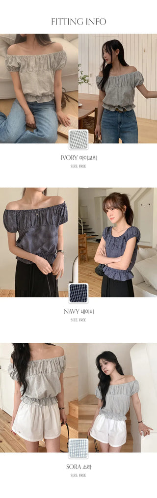 Sophien Check Frill Banding Puff Off Shoulder Blouse
