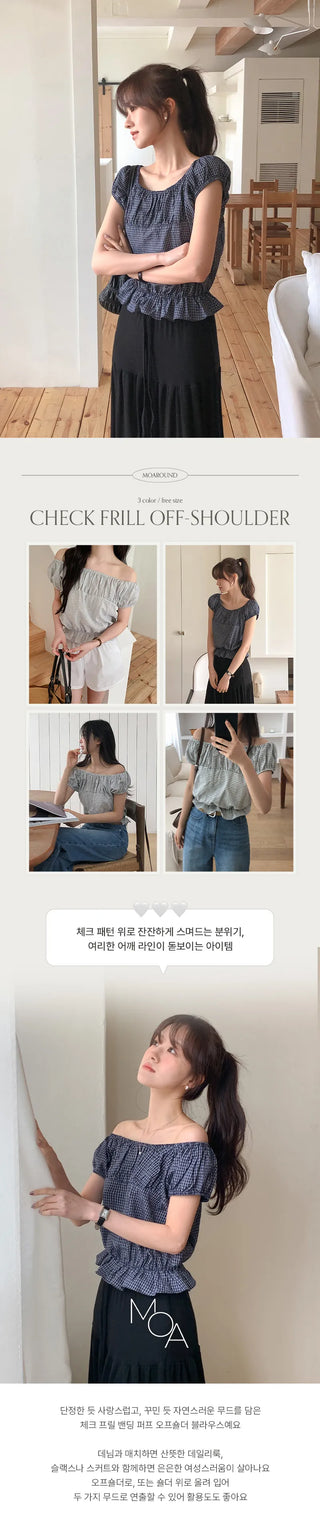 Sophien Check Frill Banding Puff Off Shoulder Blouse