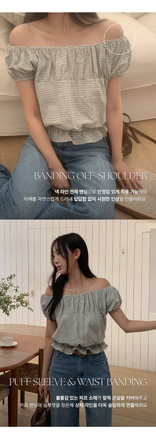 Sophien Check Frill Banding Puff Off Shoulder Blouse