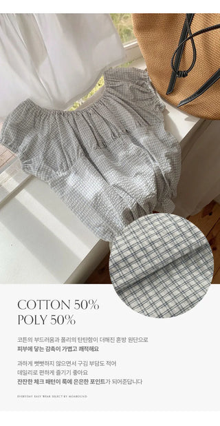 Sophien Check Frill Banding Puff Off Shoulder Blouse