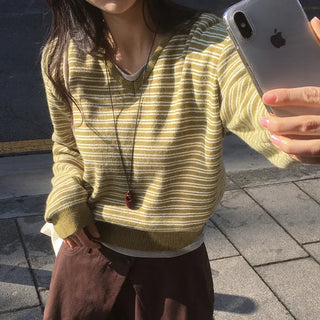 Lutian Loose Fit V Neck Striped Long Sleeve Knit