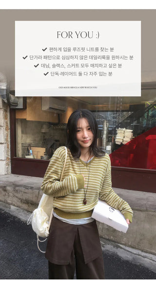 Lutian Loose Fit V Neck Striped Long Sleeve Knit