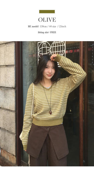 Lutian Loose Fit V Neck Striped Long Sleeve Knit